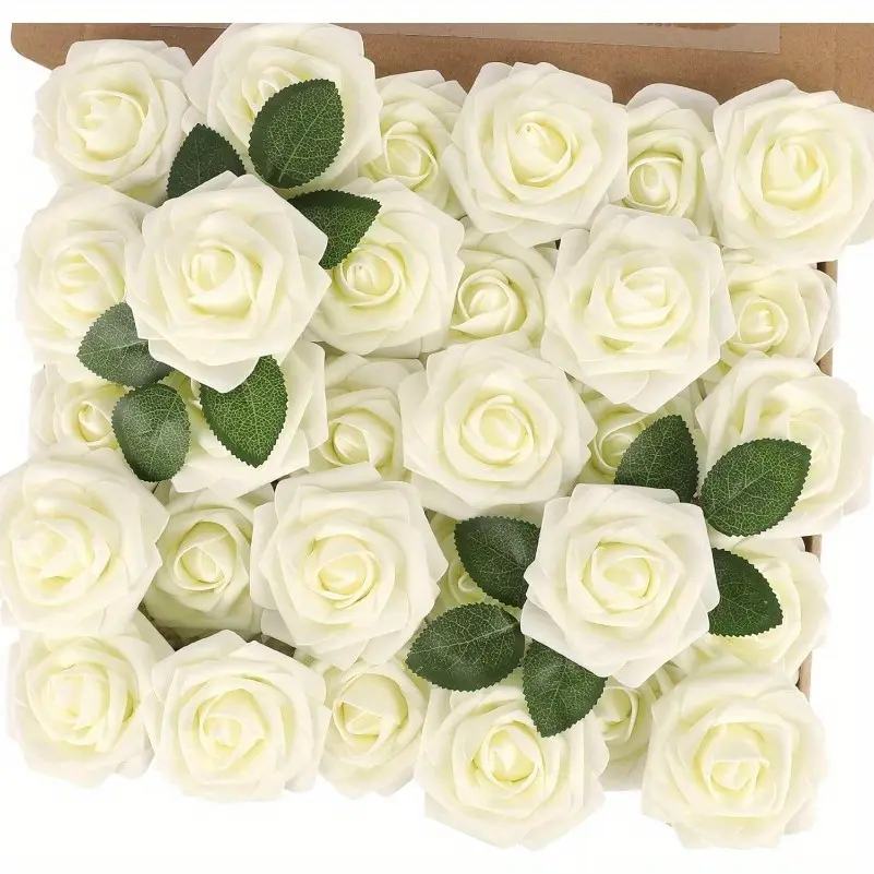 50pcs Ivory White Artificial Roses Suitable for Wedding Bouquets, Realistic Foam Roses with Stems for DIY Bridal Shower Centerpieces, Christmas Party Decorations, Faux Flower Arrangements for Home, Plastic Roses for Occasions