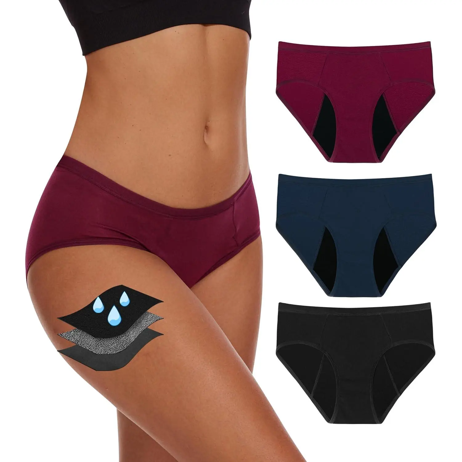 Women's Solid Plain 3-Pack Period Panties, Stretchy Bamboo Fiber-Elastane Cotton Hipster Briefs with Adjustable Strap, Waterproof Leak-Proof for Heavy Flow, Cold Wash Safe, Includes Size Guide (Gift-Worthy)