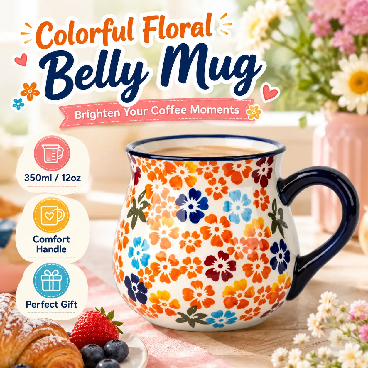 Vibrant Floral Belly Ceramic Mug with Large Handle, Cute Women’s Drinkware for Coffee & Hot Cocoa, Cozy Kitchen Decor Gifts for Coffee Lovers