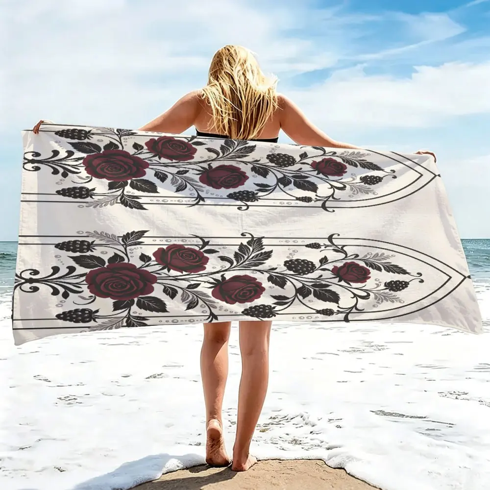 Vintage Gothic Church Window Beach Towel, Burgundy Dark Rose & Blackberry Floral Print, Microfiber Quick Dry Sand-Proof Water Absorbent, Skin-Friendly Lint-Free, Dark Academia Aesthetic Summer Vacation Beach Accessory