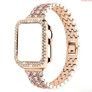 2 In 1 Set: Five Link Triple Row Rhinestone Metal Watch Band + Protective Case, Bling Combo Compatible With Apple Watch Series & Ultra, 38/40/41/42/44/45/49mm Multi Sizes(Watch Not Included)