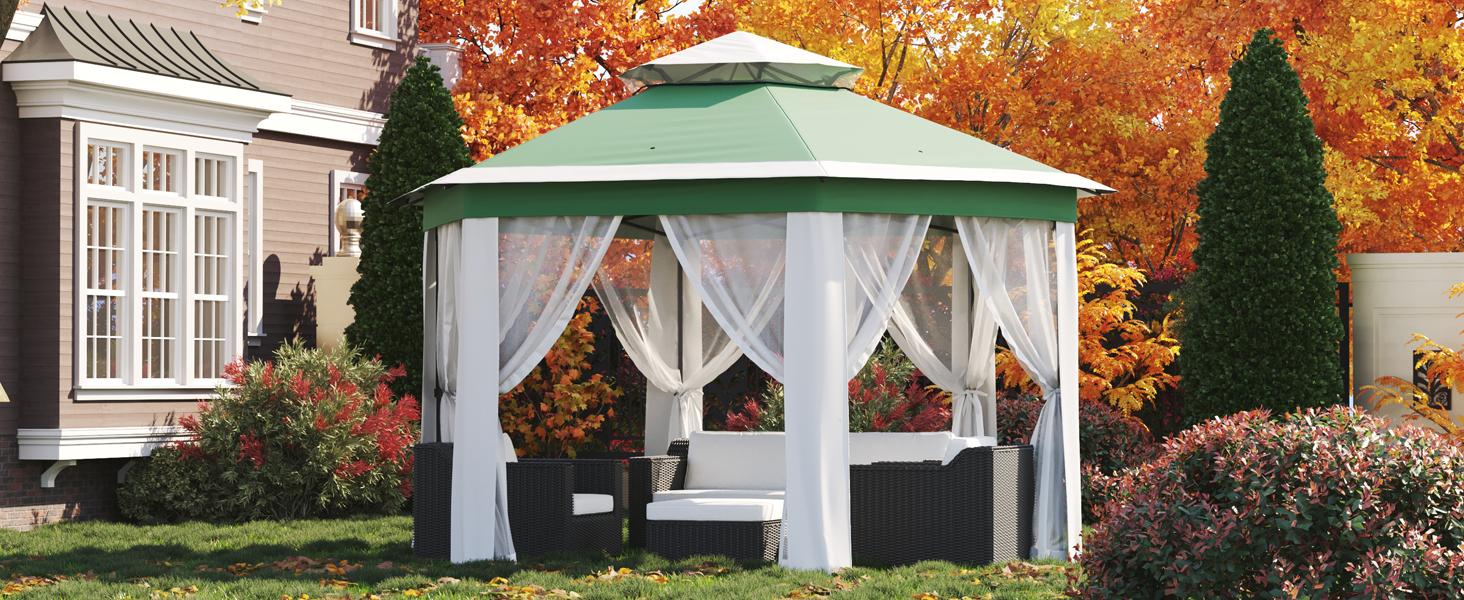 13x13FT Pop-Up Gazebo, Hexagonal Outdoor Canopy Tent with Mosquito Netting, Dual Vent Roof Awning with 6 Sided Sun Shelter, UV Resistant Height Adjustable for Patio, Backyard - Light Khaki + Beige