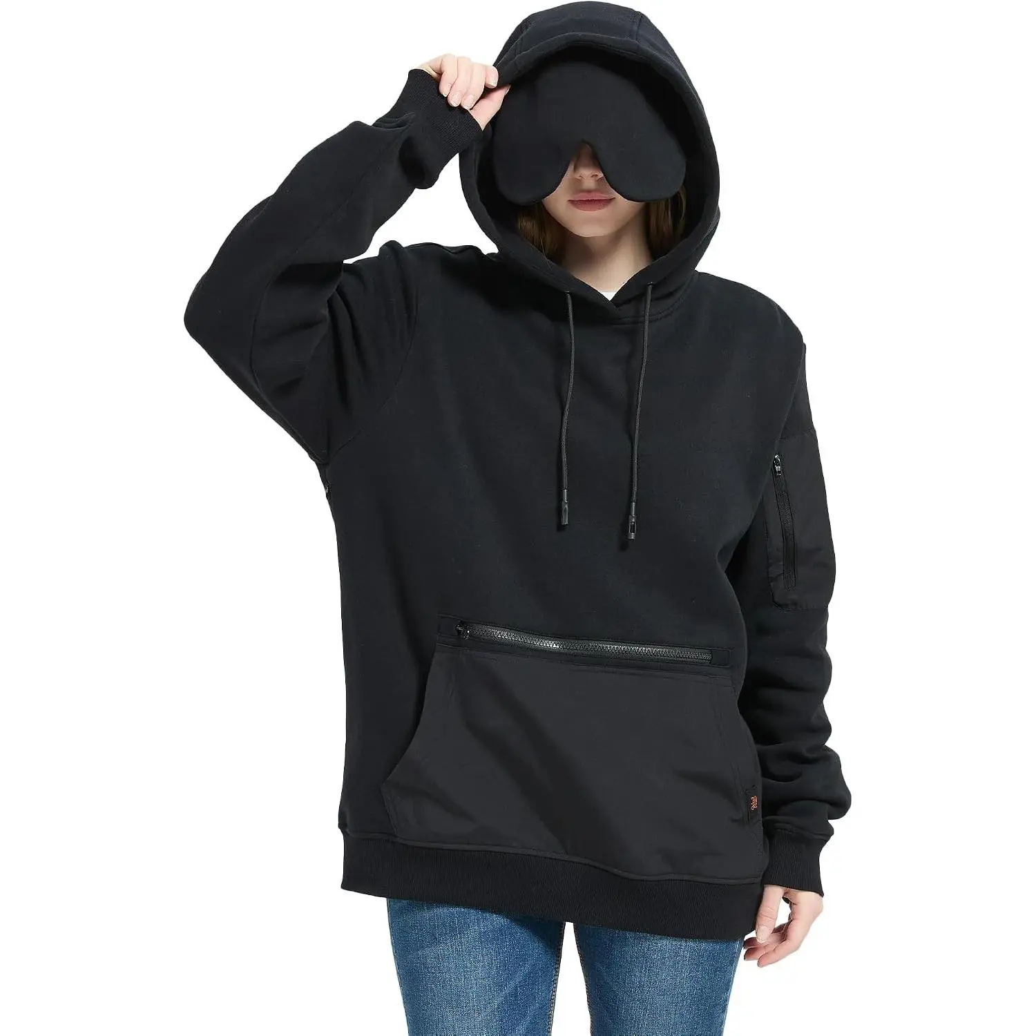 Travel Hoodie with Built-In Eye Mask - Breathable Comfort Pullover Sweatshirt with Multiple Pockets for Airplane Travel(Gift)