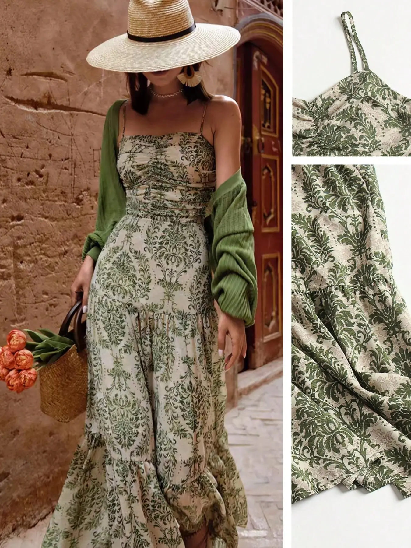 Elegant Boho Bohemian Chic Women Floral Dress with Ruffled Hem, Backless Design, Long A-Line Style, Vibe, Perfect for Summer Vacations & Beach Trips
