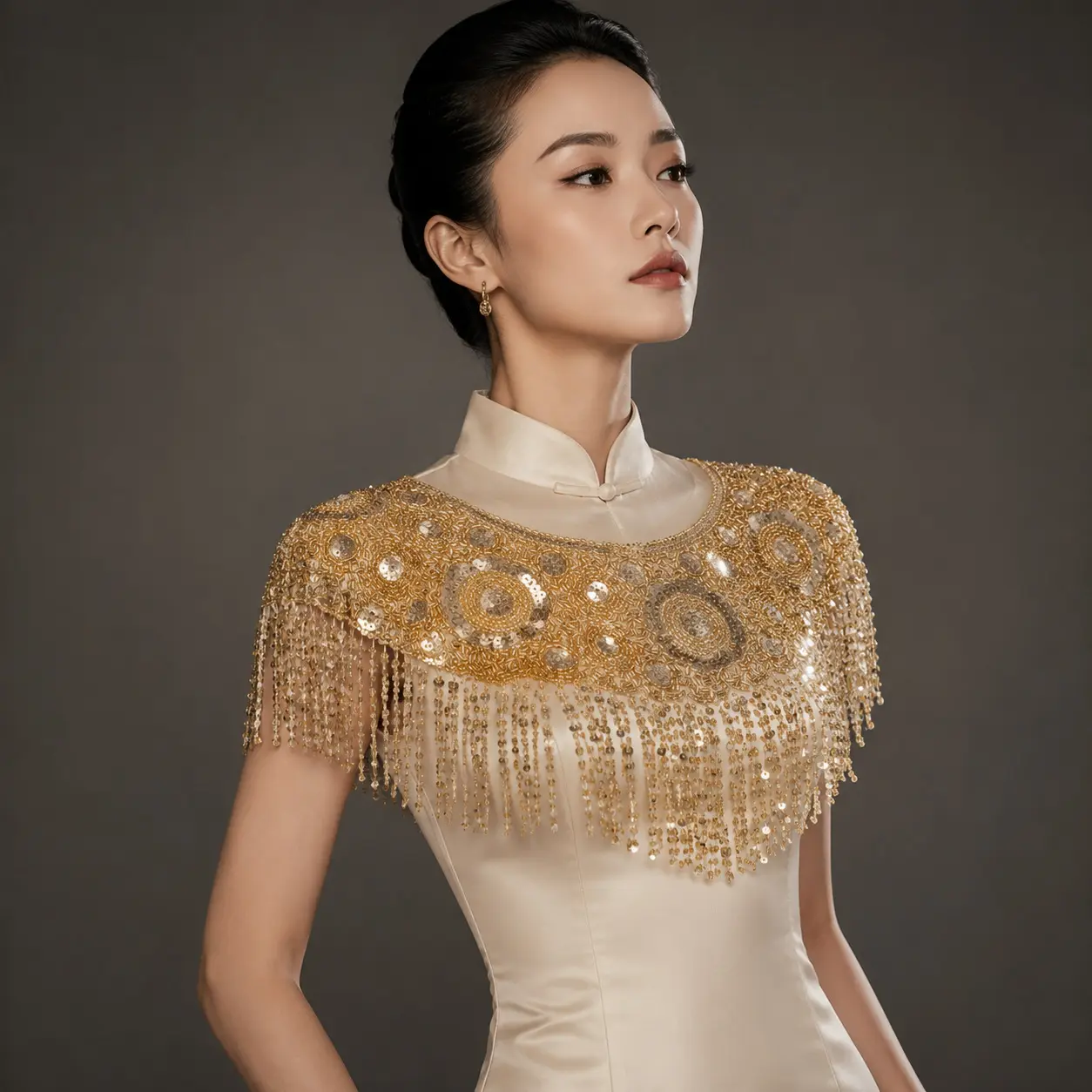 Breathtaking Gold Sequin Fringe Beaded Satin Evening Dress Flattering Figure Hugging Elegant Formal Wear Special Occasion Party Banquet Gown