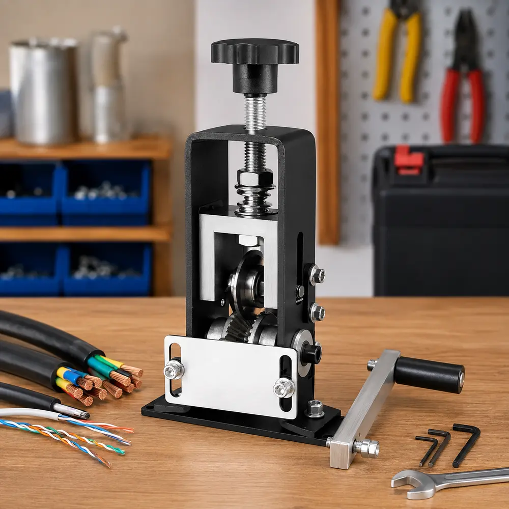 Compact 1-25mm Cable Wire Stripper Machine, Adjustable Tool with Solid Iron Frame, Hand Crank or Drill Power Compatible, Portable Efficient Equipment for Copper Scrap Recovery & DIY Garage Workshop Use