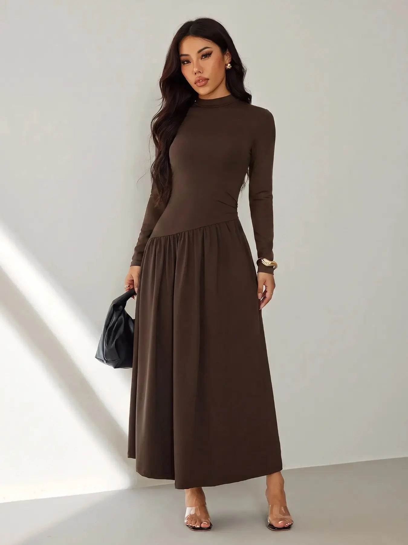 Clean Girl Neutral Mock Neck Long Sleeve Midi Dress, Slim Top Flowy Swing Streetwear Dress, Women's Fashionable Midi Dress, Casual Dress