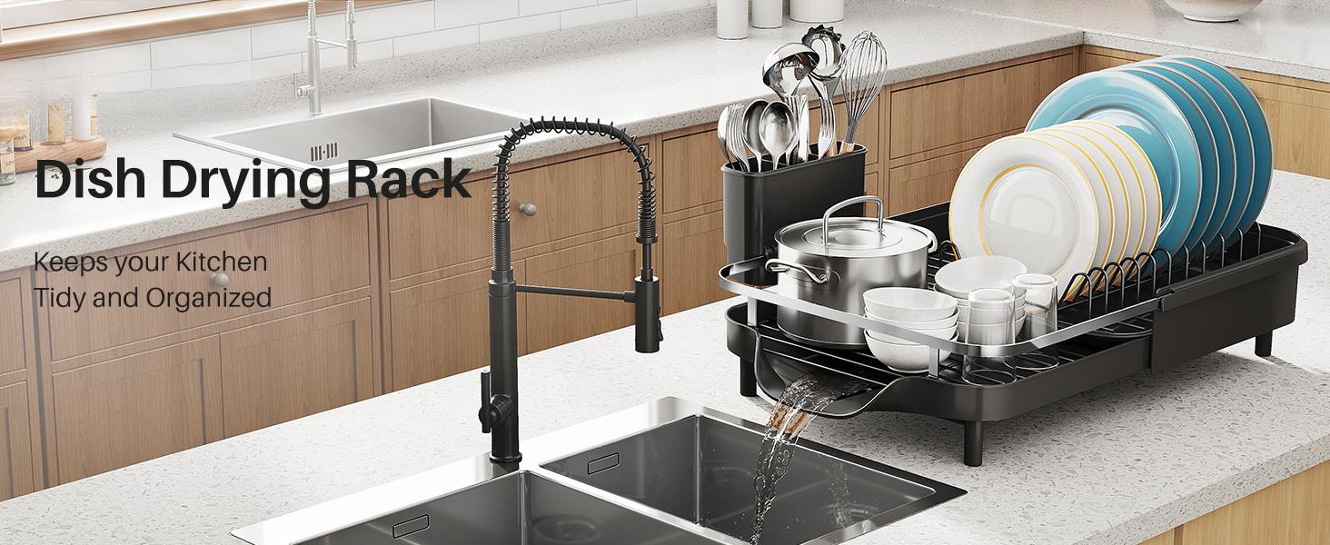 Dish Drying Rack, Expandable Dish Rack for Kitchen Counter, Stainless Steel Dish Drainer with Drainboard Set and Utensil Holder (Black)