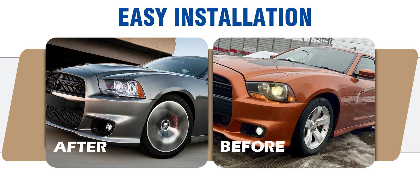 Headlight Assembly w/Bulbs Compatible with 2011-2014 Dodge Charger OE Halogen Headlamp Black Housing Amber Reflector Replacement Driver and Passenger Side