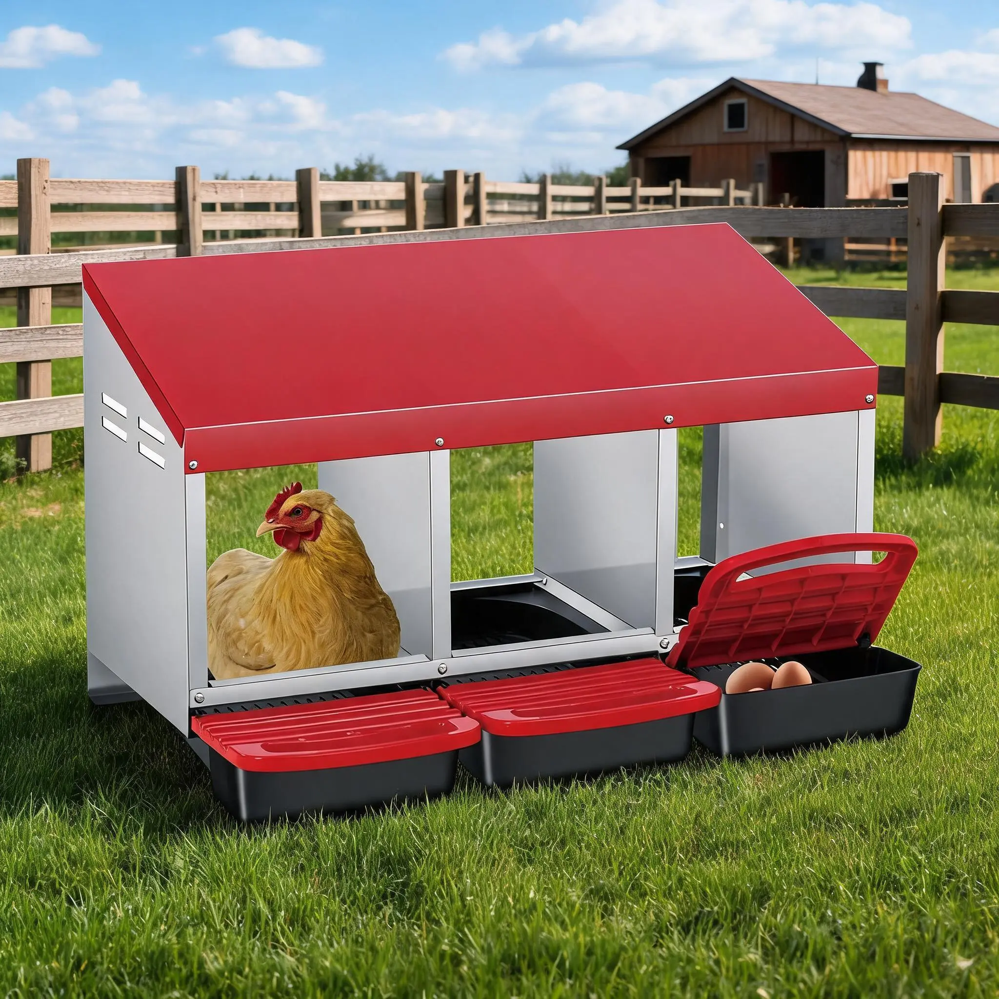 3-Hole Roll-Away Chicken Nesting Box with Perch, Covered Egg Tray, Galvanized Steel Coop Box, Easy Assembly