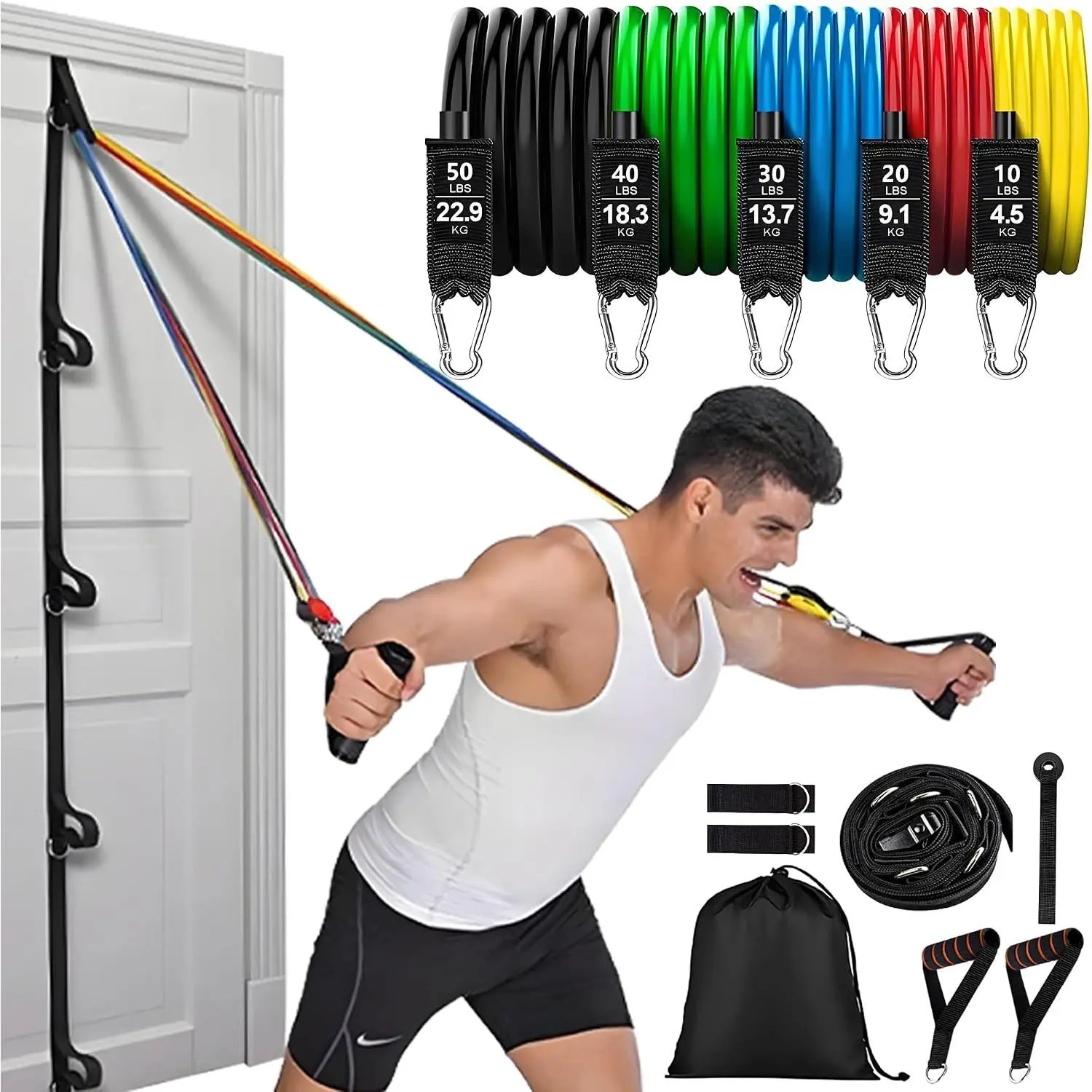 Resistance Bands Set with Door Anchor Training System, 5 Colors Stackable up to 150LBS, Includes 5-Angle Door Training Tool, Home Full Body Workout Bands, Handles, Ankle Straps, Portable BagGift
