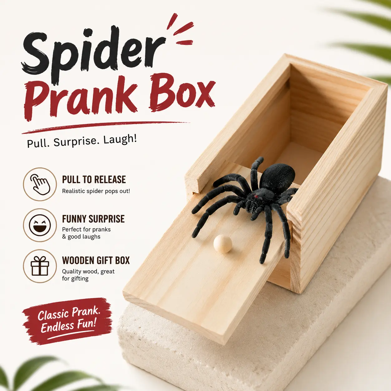 Mini Spider Prank Box - Surprise Wooden Gag Gift, Perfect for Birthday, Halloween & Birthday Pranks, April Fools Day, Harmless Joke with Rubber Spider, Startling & Reusable Prank Kit