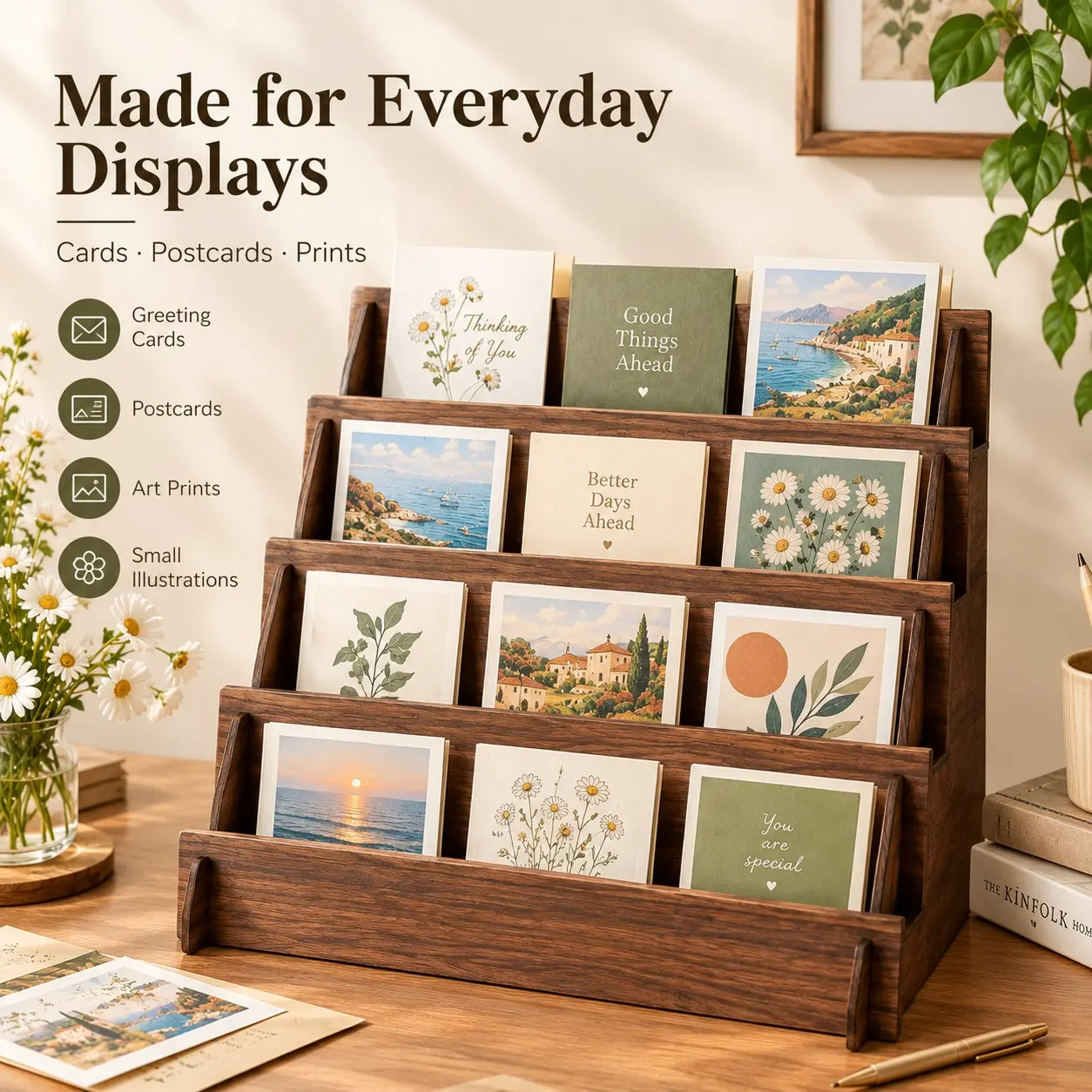 4 Tier Wooden Display Stands, Modern Luxury Freestanding Display Racks with Shelves, Multi Layer Storage, Greeting Card, Postcard, Jewelry and Cosmetic Organizer for Home, Retail Store, Craft Fair and Vendor Display