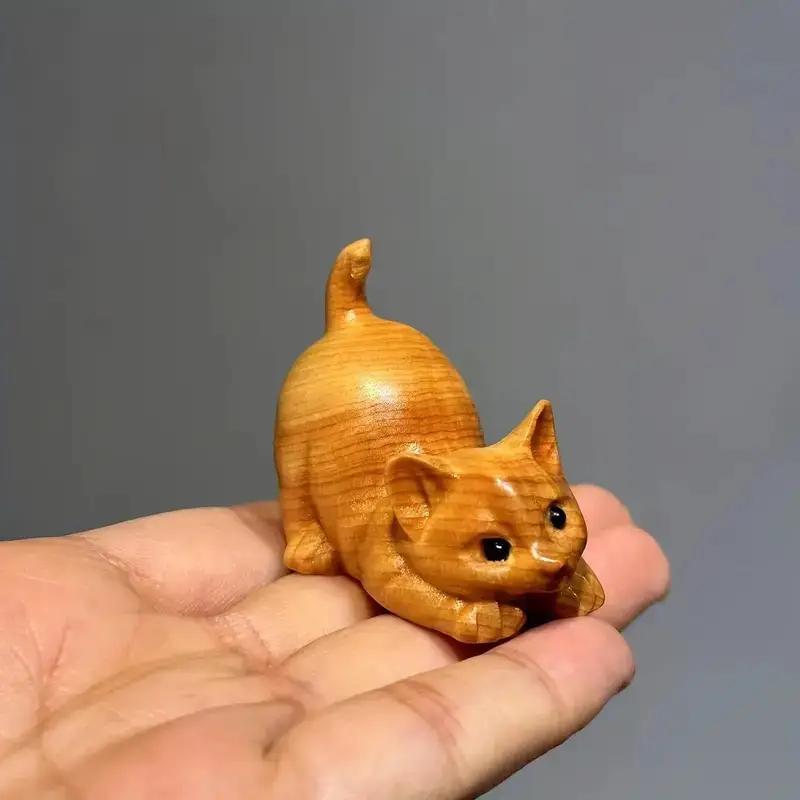 Cute Lazy Cat Design Wooden Ornament, 1 Count Hand Carved Desktop Decoration, Desktop Statue, Creative Home Decor for Living Room Bedroom Office, Cute Collectible Figurines