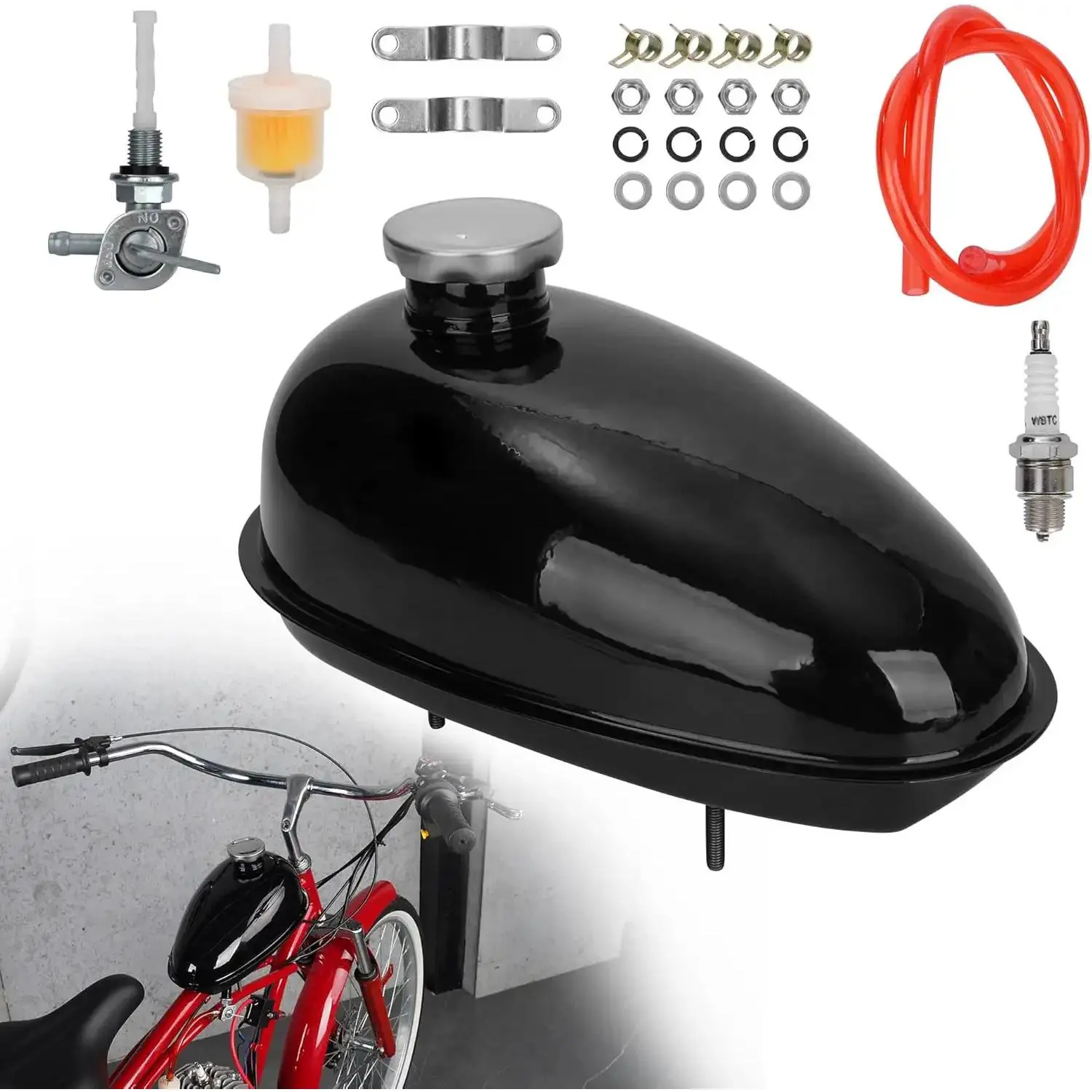 3L 0.79 Gallon Mini Bike Gas Tank Fuel Tank with Cap & Plug & Petcock & Fuel Line & Fuel for 2 stroke 49cc 60cc 66cc 80cc Engines Motorized Motor Bikes