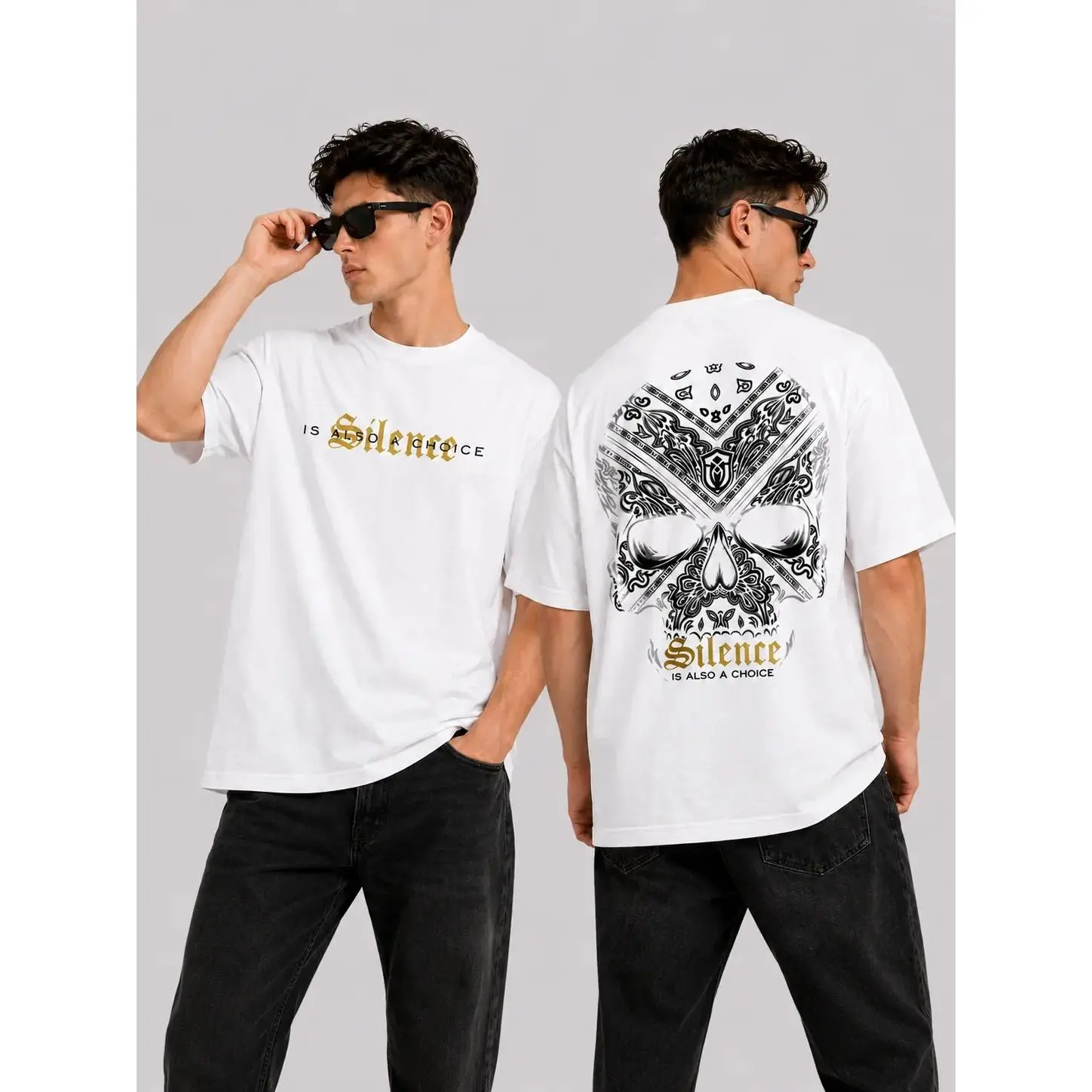 Men’s 100% Cotton Short-Sleeve T-Shirt - Stylish Soft Breathable Top with Skull & Crossbones Back Graphic and "Silence Is Also a Choice" Text, Casual Summer Streetwear
