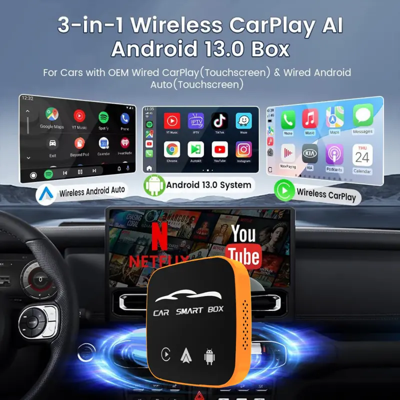 Wireless CarPlay adapter, CarPlay Dongle, compatible with iPhone and Android Auto, supports Netflix, AI box with TF card slot, plug-and-play with no installation required, easily set up in-car CarPlay video entertainment precise and convenient