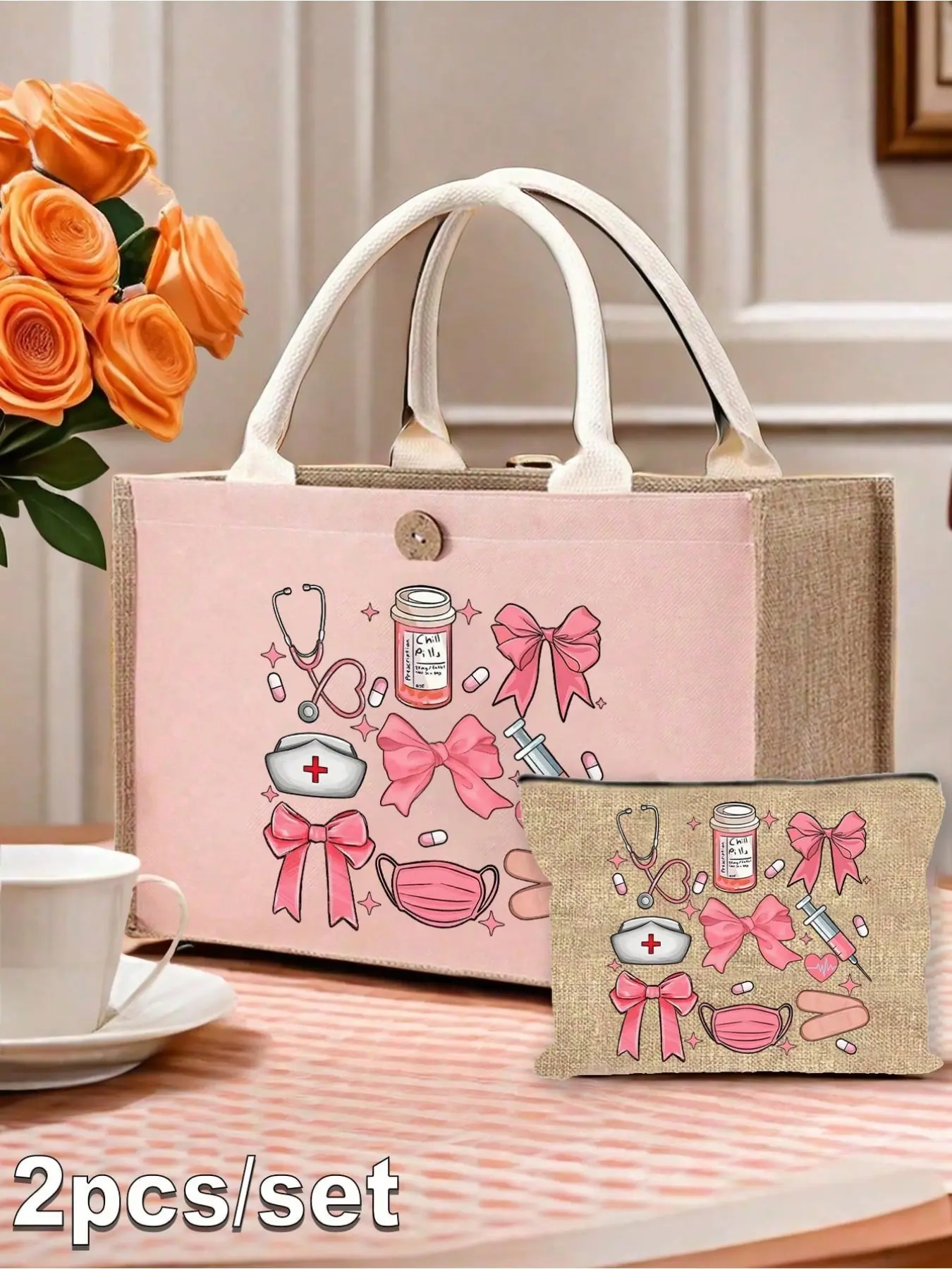 Pink nurse-themed tote & pouch set with stethoscope, syringe, bow and pill prints. Lightweight fabric for work, storage and travel. Unisex daily essentials, ideal gifts for Ramadan, Easter and Valentine's Day.