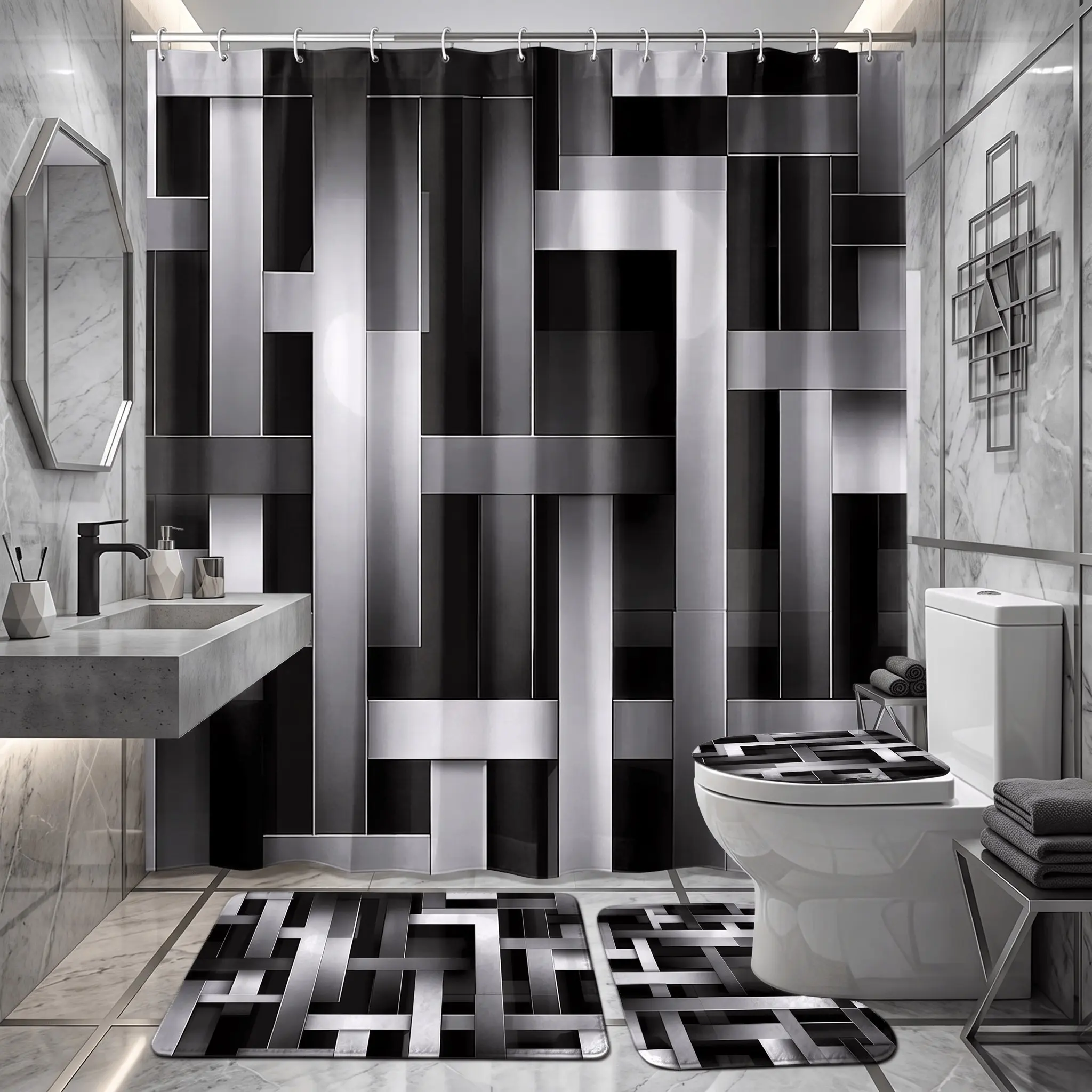 4pcs Futuristic Metallic Ribbed Modern Shower Curtain Set With Rugs, Charcoal Geometric Bath Mats, Non-Slip Rugs,The floor mat fabric is thicker and softer!  Bathroom Accessories, for Bachelor Pad, Apartment, Father's Day Gift