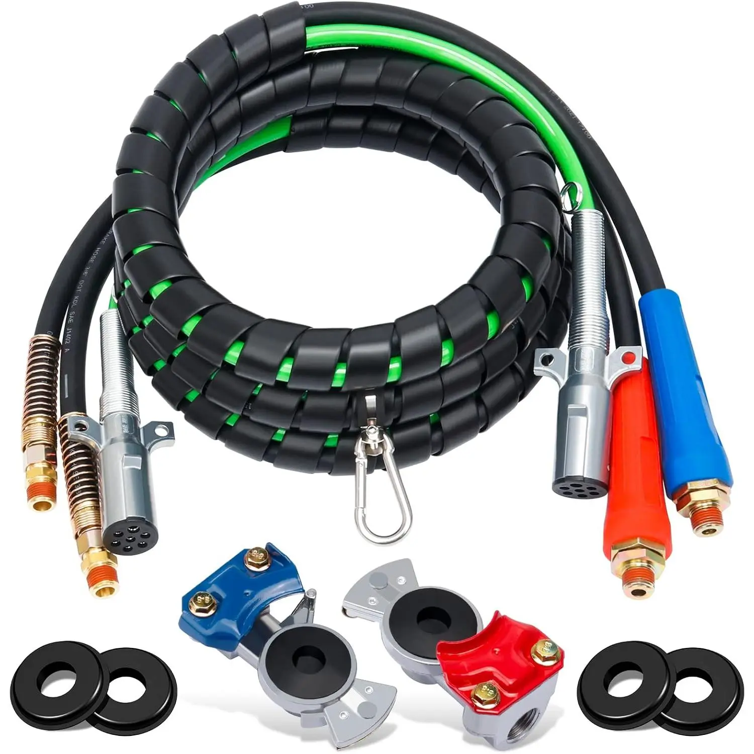 12ft 3 In 1 ABS & Power Air Line Hose with 3/8 ID, Bendix 278850 Glad Hands, Color-Coded Grips & 4 Seals for Tractor Trailer Semi Truck