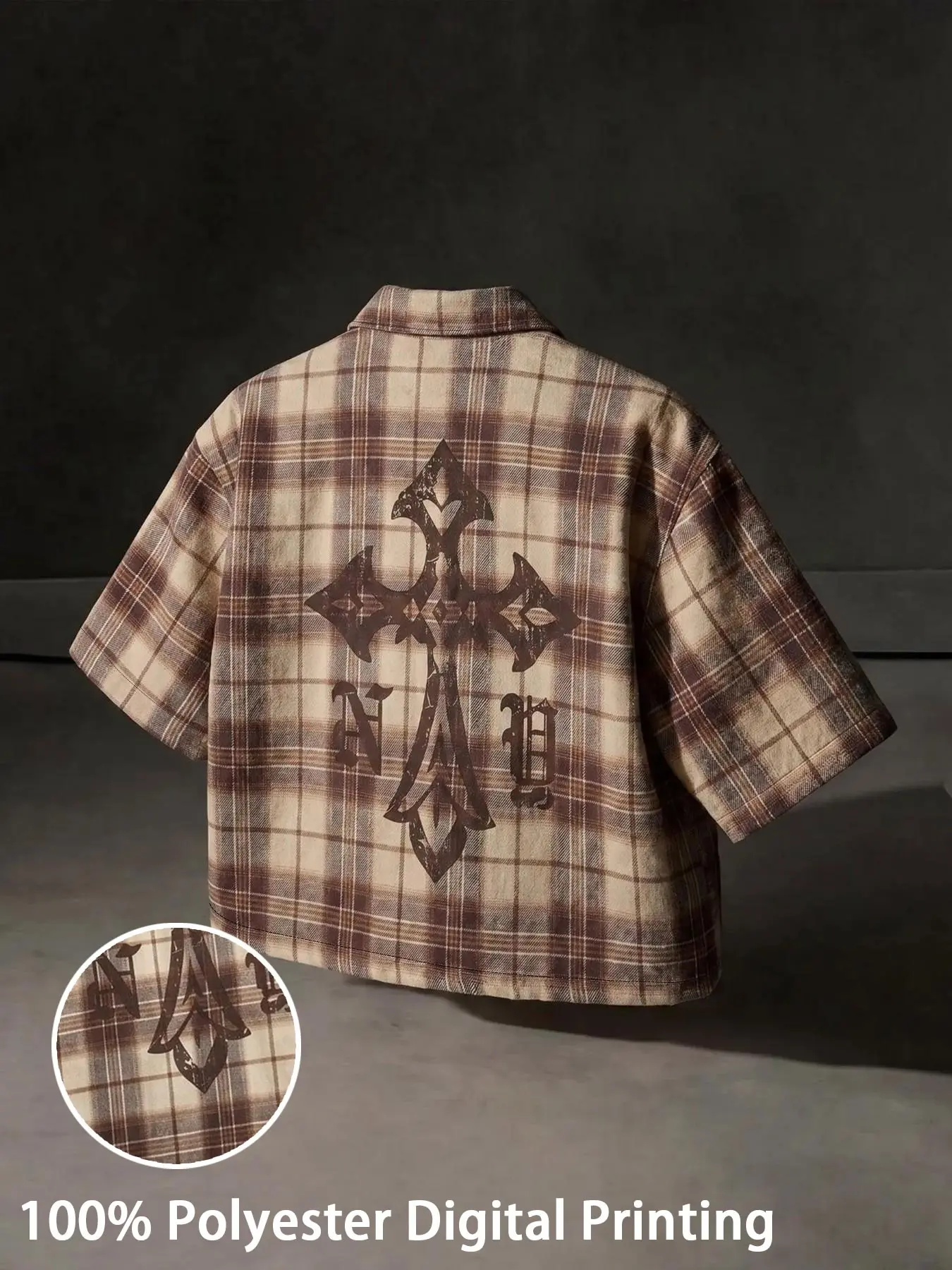 Men's Vintage-Inspired Plaid Camp Collar Shirt with Gothic Cross Graphic Back Men's Camp Collar Shirt, Short Sleeve Button-Up, Oversized Plaid Shirt, Streetwear Top, Casual Trendy Shirt