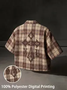 Men's Vintage-Inspired Plaid Camp Collar Shirt with Gothic Cross Graphic Back Men's Camp Collar Shirt, Short Sleeve Button-Up, Oversized Plaid Shirt, Streetwear Top, Casual Trendy Shirt