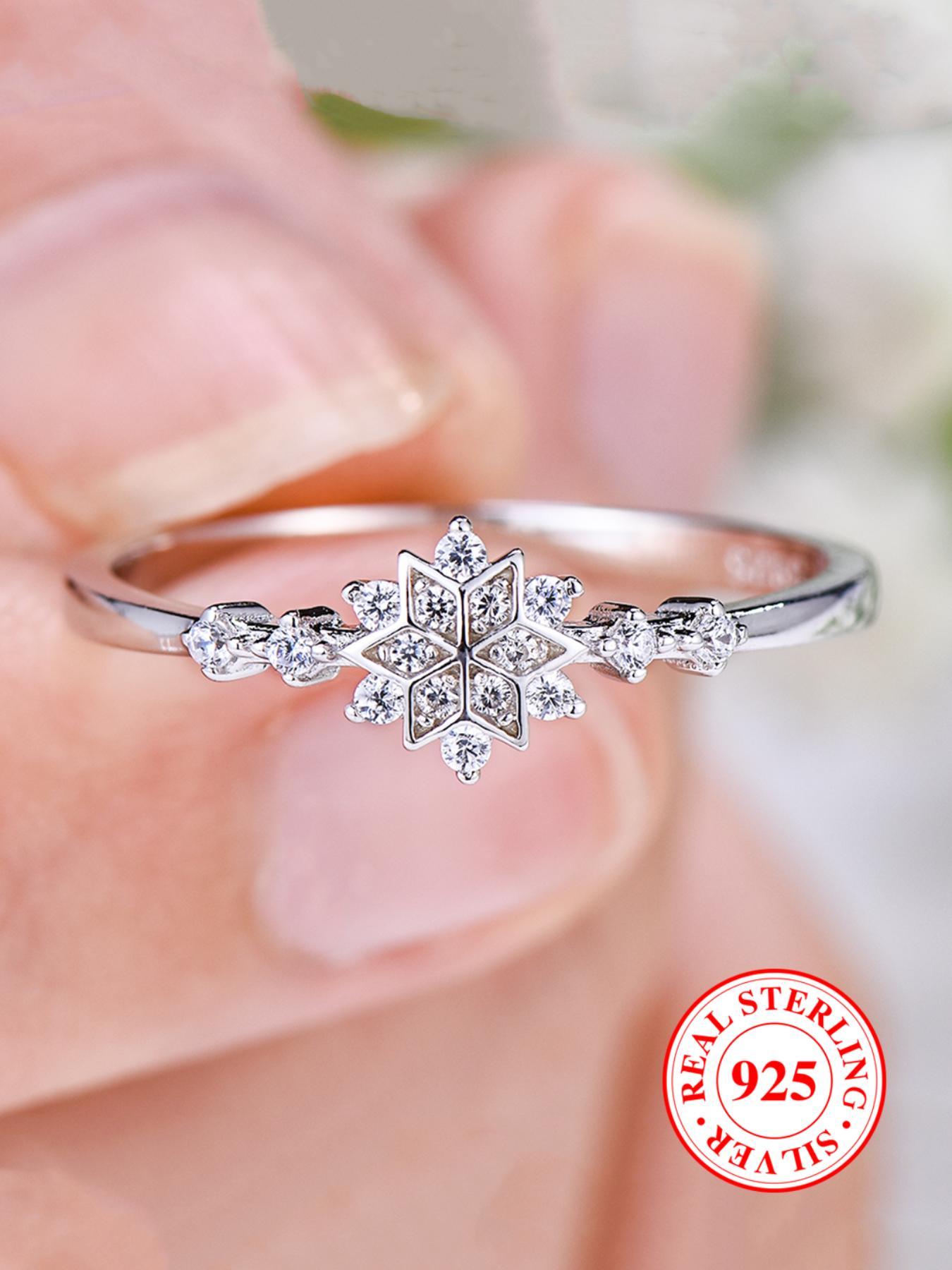 S925 Sterling Silver Snowflake Design Ring, Rhinestone Decor Wedding Engagement Ring, Fashion Accessories for Women & Girls, Trendy All-match & Exquisite Jewelry for Birthday Gift, with Box