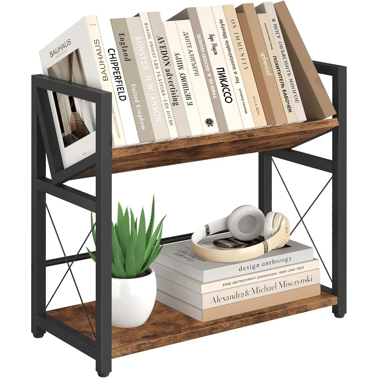 Desktop Bookshelf, 2 Tier Desk Shelf Organizer, Wooden Tabletop Bookcase, Small Desk Top Book Rack for Office, Home, Bedroom, Small Space Storage and Display, Rustic Brown