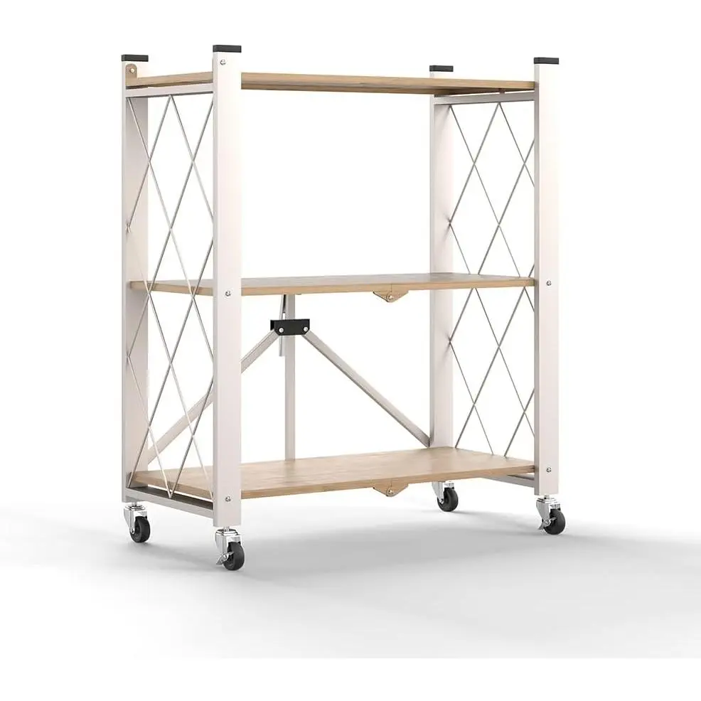 3-Tier Foldable Storage Shelves with Wheels Heavy Duty Metal Shelf | Metal Wire Shelving Unit with X Side Frames Display Stand for Kitchen, Dorm, Pantry, Garage, Office - No Assembly Required