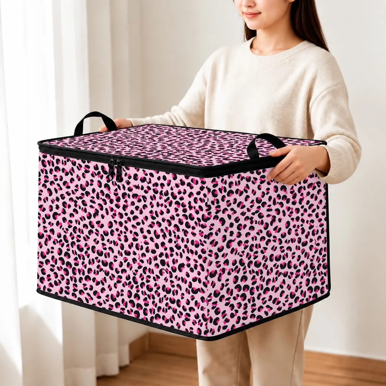 Leopard Print Storage Bin, Soft Fabric Foldable Box with Lid and Handle, Large Capacity Organizer for Clothes, Blankets, Bedding, Christmas Gift