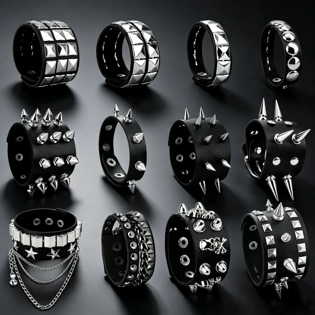 12pcs Men Punk Spiked Rivet PU Leather Wrist Cuffs Set, Gothic Rock Concert Party Wide Wristband Bracelets, Outfit Accessories for Halloween Day