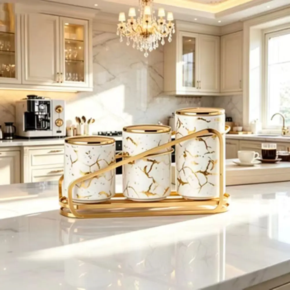 Luxury Gold Pattern Ceramic Sealed Jars Set, Moisture-Proof Tea Coffee Storage, Jewelry Organizer, Perfect for Parties and Gifts