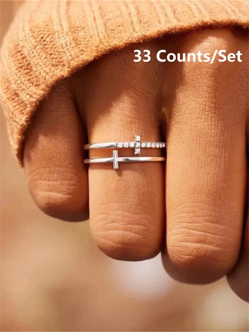 Rhinestone Decor Cross Design Double Layered Ring, Stackable Rings, Fashion Jewelry Accessories for Women & Girls, Matching Jewelry