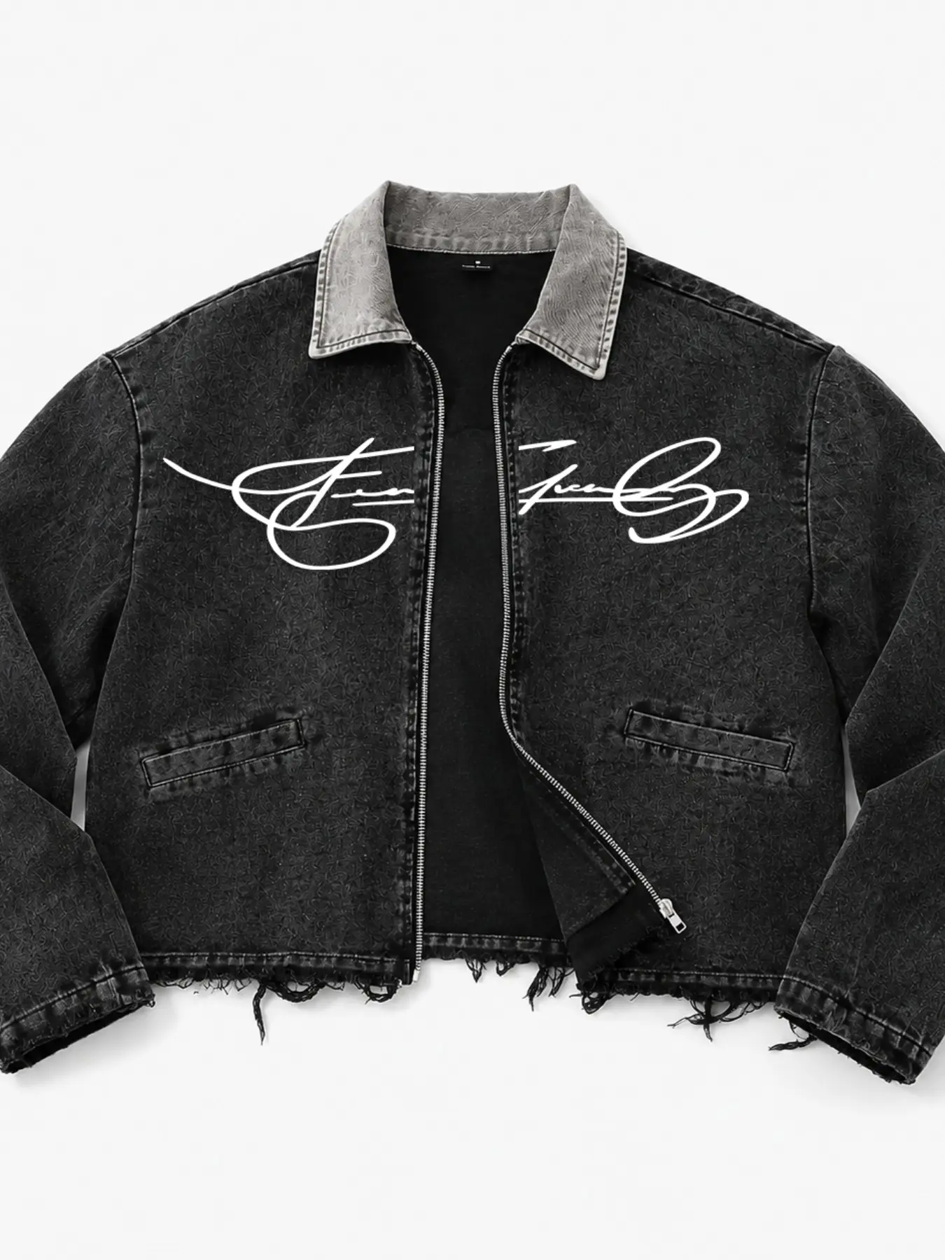Men’s Classic Vintage Washed Denim Jacket Y2K Streetwear Cropped Zip Up Jacket, Oversized Loose Fit Graphic Letter Print Casual Outerwear with Shirt Collar and Raw Hem Detail, Trendy Urban Fashion Jacket for Daily Wear, Fall Outfit and Street Style