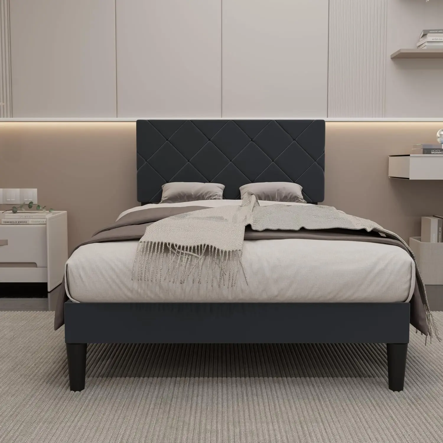 Bed Frames with Adjustable Headboard,  Upholstered Platform Bed,Single Bed with  Metal Slat Support,No Box Spring Needed,Easy Assembly,Black