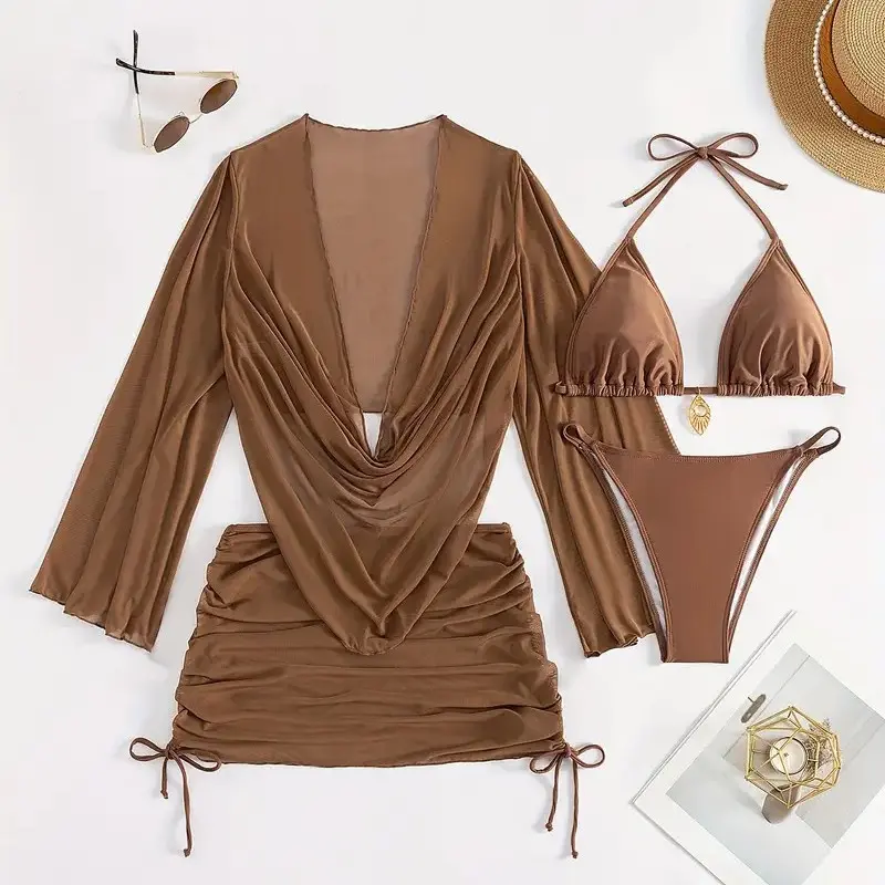 Women's sexy four-piece swimsuit with sheer cover-up and tie-up bikini