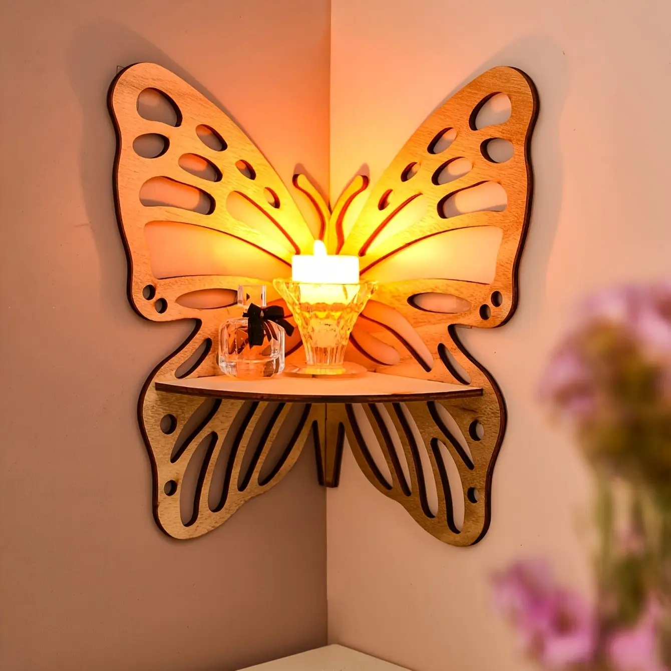 Butterfly Wooden Corner Shelf, and Natural Wood Colors, Bohemian Design, Bedroom Corner, Crystal Display, Essential Oil Organizer