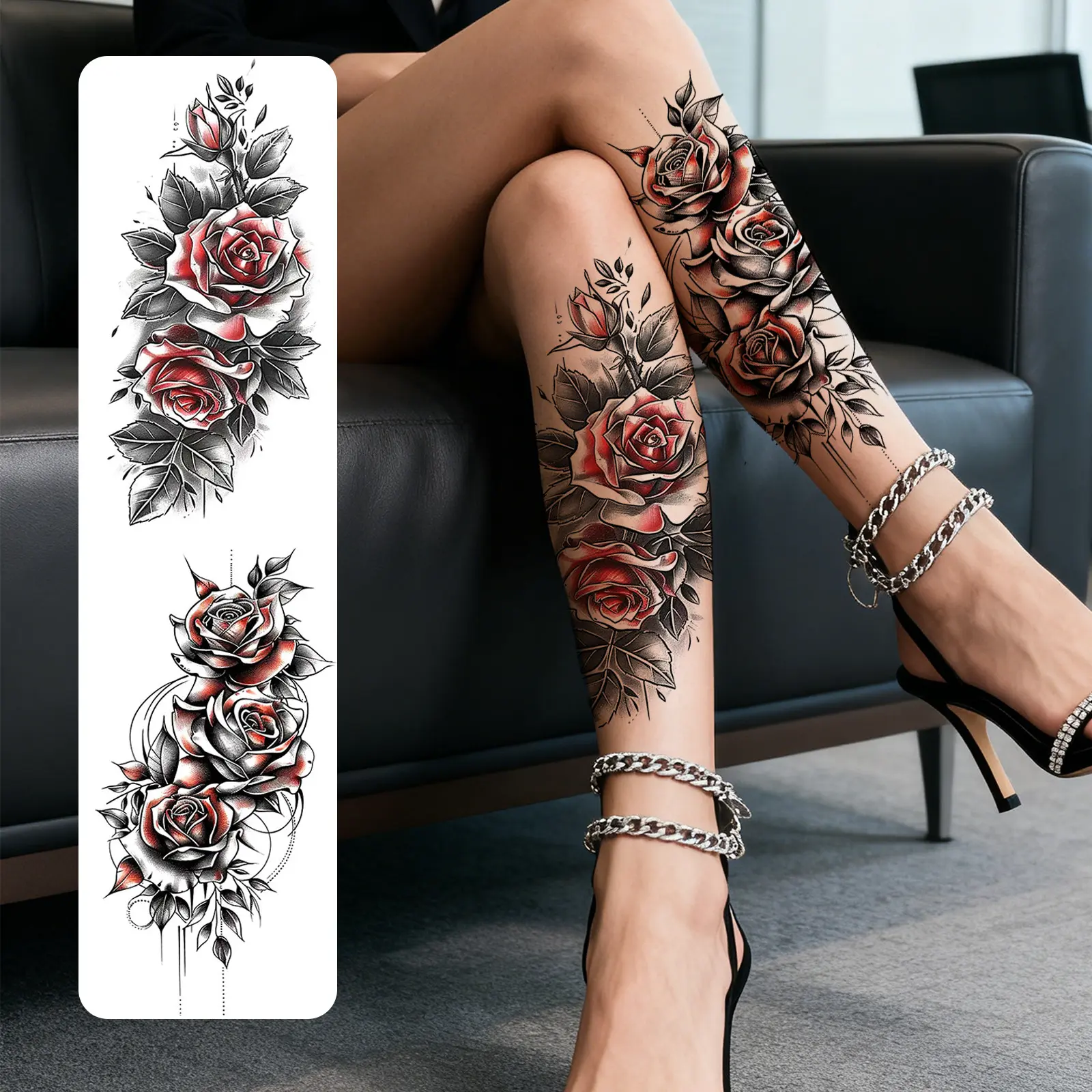 2 Sheets Red Black Rose Flower Temporary Tattoo Stickers, Waterproof Fake Tattoos Cover Scars, Can Be Used on Arms, Wrists, Shoulders, Legs, Waist, Neck, Hands, Chest, Thighs, Suitable for Women and Men