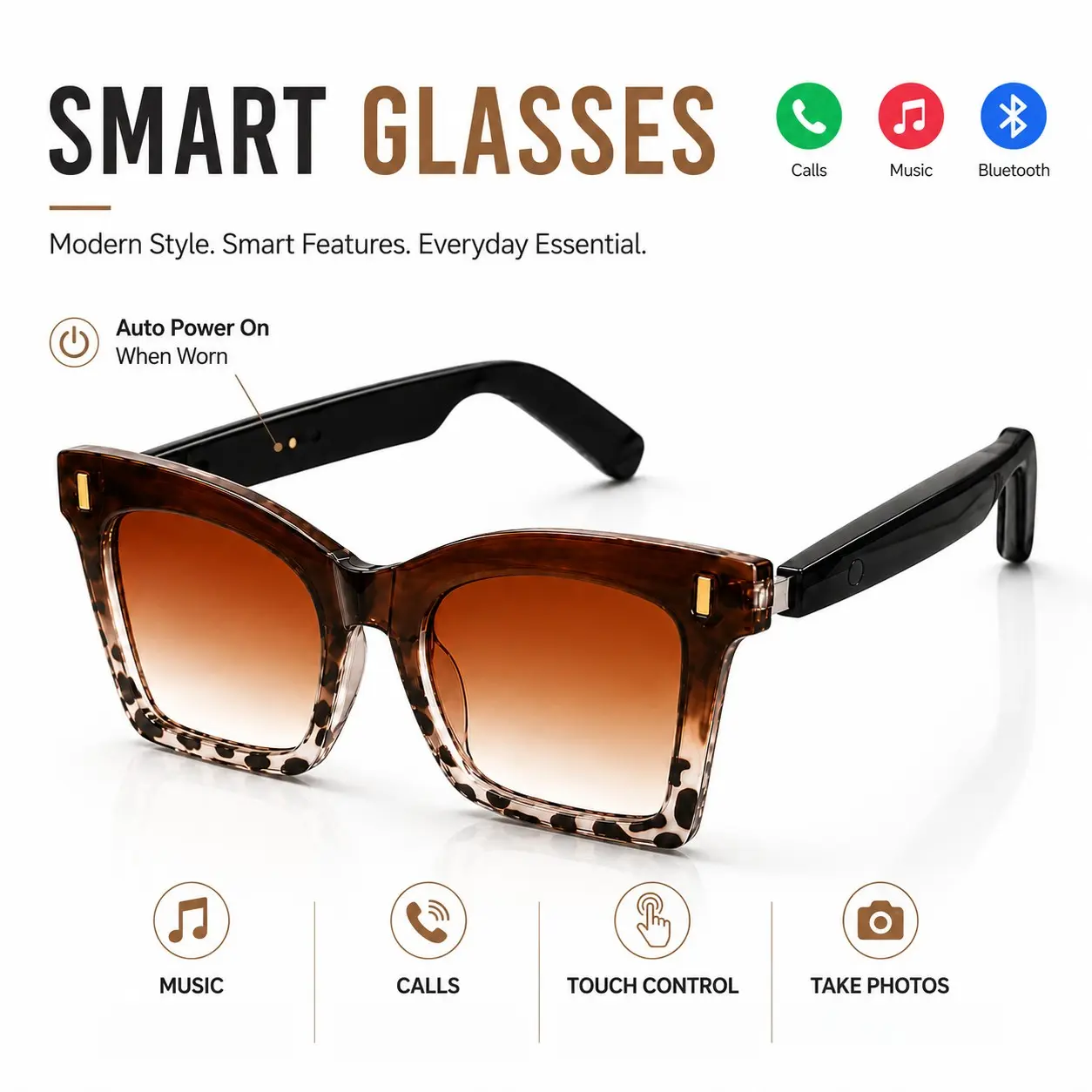 Smart Glasses, Wireless Audio Glasses, Bluetooth Audio Sunglasses with Open-Ear Speakers, Built in Mic, Music, Calls and Remote Phone Camera Control