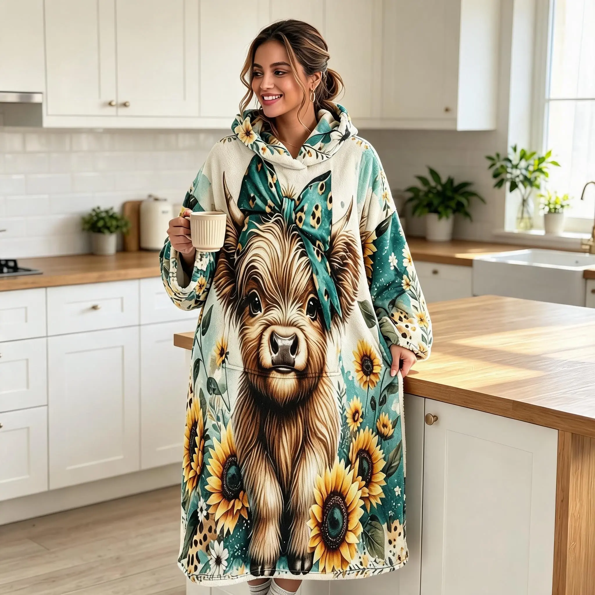 Women's Flannel Robe, Sunflower Leopard Print, Long Sleeve Bathrobe, Loose Fit Lounge Wear, Gift for Friends, Reusable Home Apparel