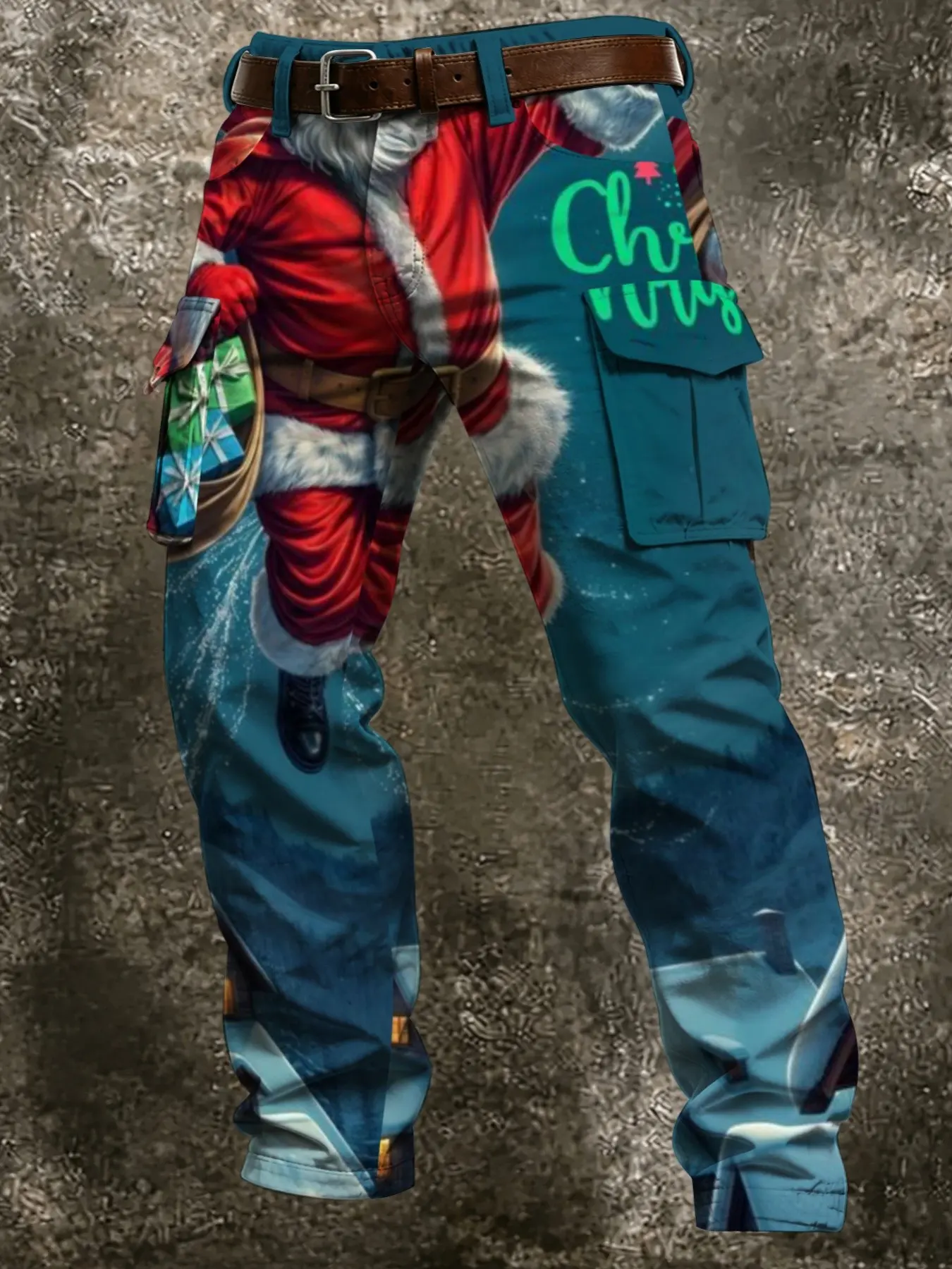 Men's Santa Claus Roof Delivery Gift Full Print Cargo Pants, Multi-Pocket Straight Leg Casual Pants, Merry Christmas Theme Outdoor Trendy Workwear