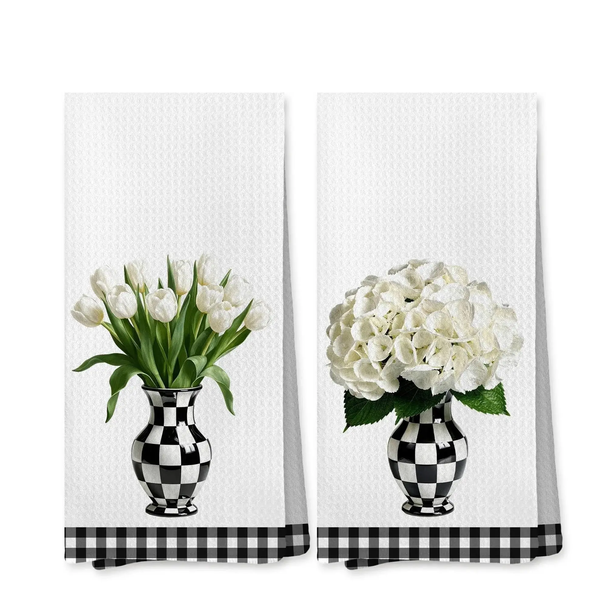 White Tulip Floral Kitchen Towels Set of 2, Cottagecore Wild Flower Dish Tea Towels for Kitchen, Black and White Plaid Vase Floral Decorative Hand Towel for Bathroom, 16x24 Inches