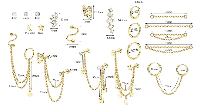 11Pairs 20G Stainless Steel Cartilage Earrings Set - Flatback Star Moon Butterfly CZ Studs Huggie Hoops Chain Dangles for Women Men Helix Tragus Piercing