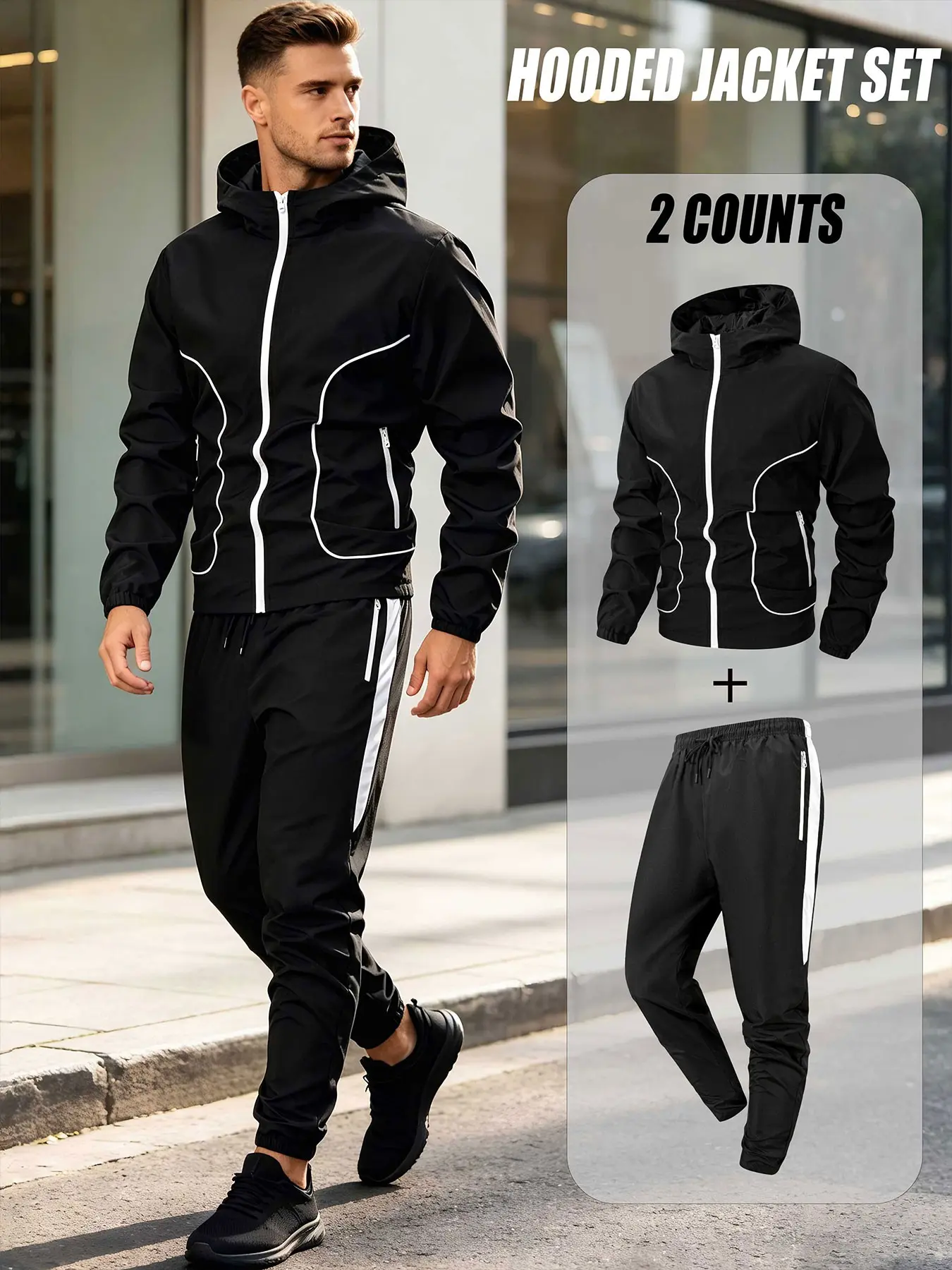 Men's Fashion Spring Fall Hooded Jacket Set, Plain Casual Outdoor Sports Suit, Unique Thread Design, Zipper Pockets, Versatile Two-Piece Set, Outdoor Sports Activewear