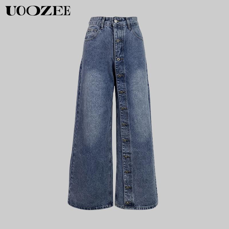 UOOZEE TikTok Exclusive Women's Casual Pocket Decorative Non-functional Buttons Wide Leg Loose Back Elastic Jeans High Waist Single Breasted Non-Elastic Regular Back Waist Comfortable Fit Outfits Womenswear Clothes Denim Bottom straight leg jeans Hip