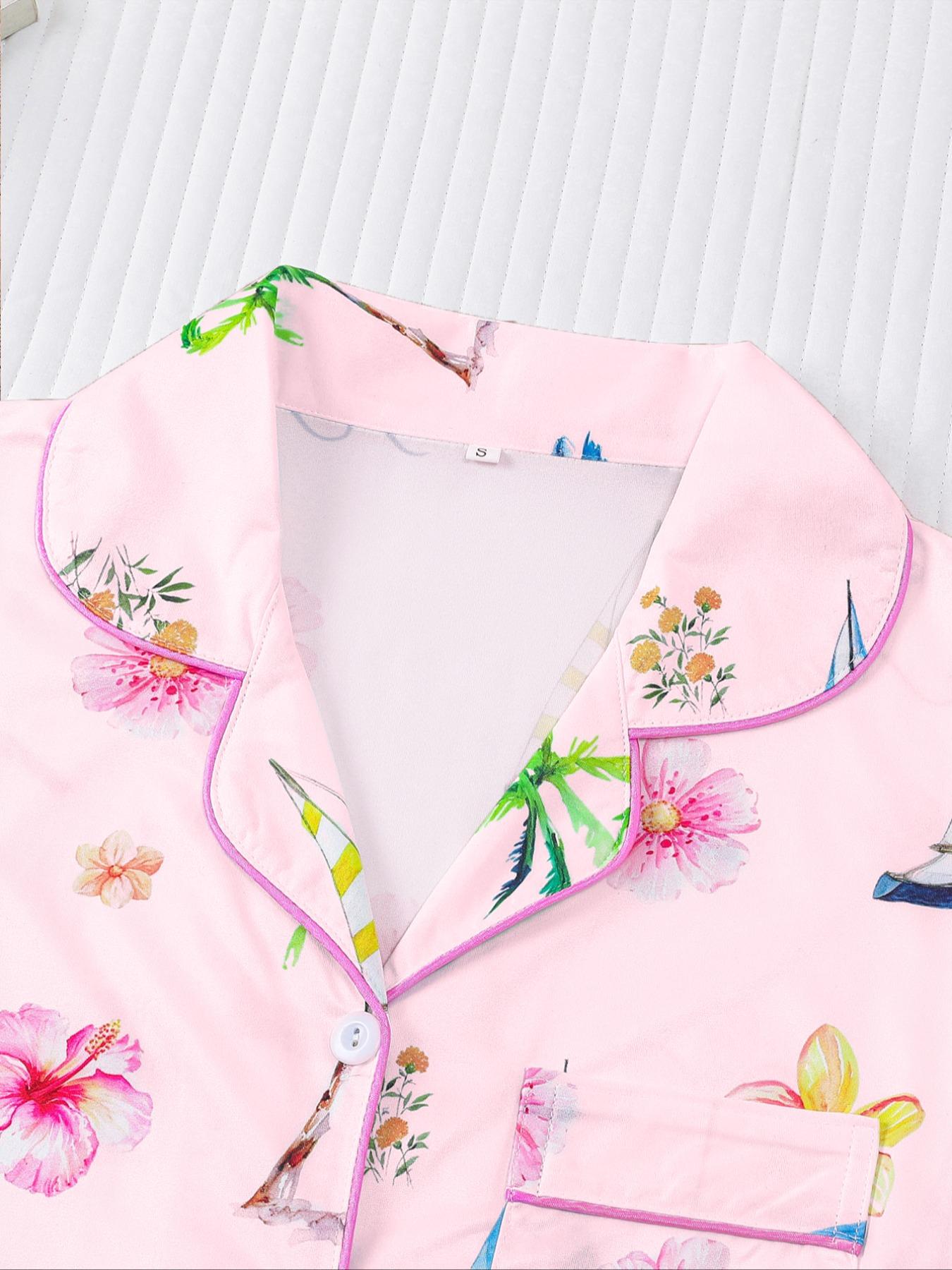 Women's Hawaiian flower Print Pajama Set, 2 Piece Summer Sleepwear, Comfortable Shirt Collar Short Sleeve Top & Elastic Shorts
