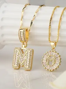 2-Piece Geometric Letter Necklace Set, Customizable Bubble Letters, Hip-Hop Style, Sparkling Zircon Stacking Chain, Y2K Gift