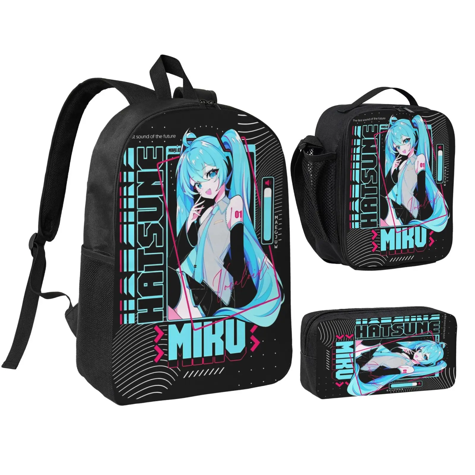 Unisex Miku3 3Pcs Backpack for Teen Girls Boys, School Bookbag with Lunchbox Pecil box, Anime backpack with adjustable straps, office travel bag Bookbag