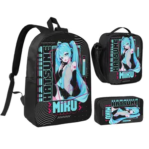 Unisex Miku3 3Pcs Backpack for Teen Girls Boys, School Bookbag with Lunchbox Pecil box, Anime backpack with adjustable straps, office travel bag Bookbag