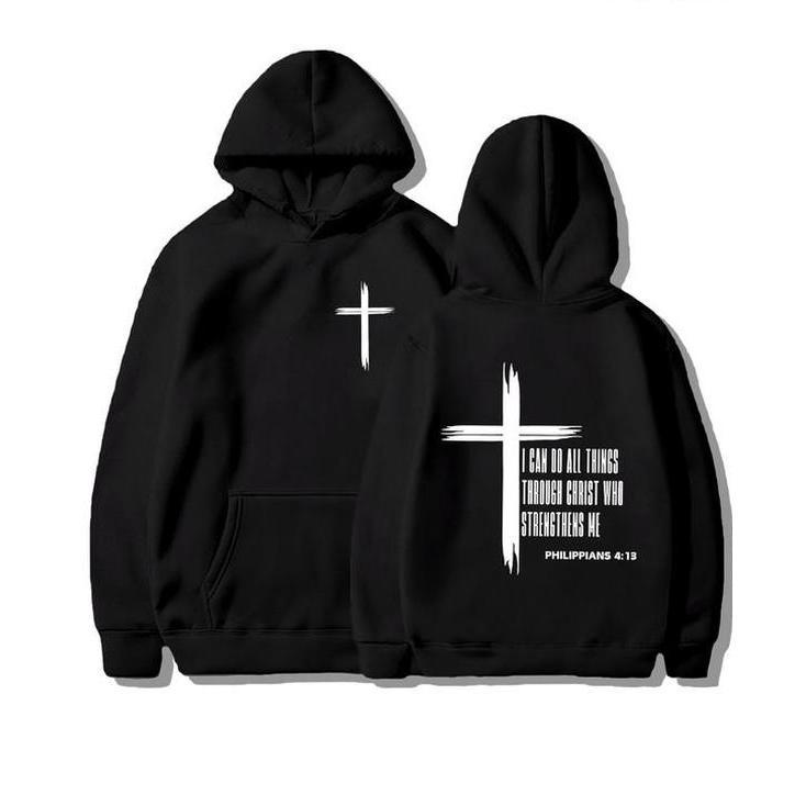 "Christian Cross hoodie b: Philippians 4:13 Bible scripture Sweatshirt, a faith-inspiring pullover /T-shirt suitable for both men and women, fashionable casual autumn and winter wear, comfortable religious hoodie for daily and spiritual wear."